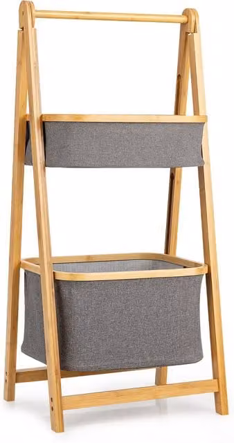 Costway 2-tier Bamboo Laundry Hamper Shelf and Toy Organiser with A-shaped Frame and Linen Compartments in Beige or Grey