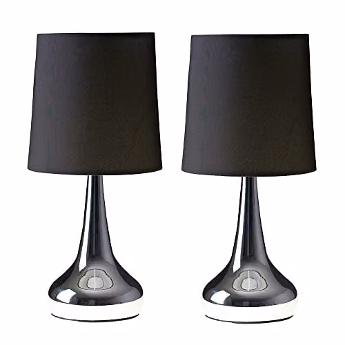 ValueLights Set of 2 Modern Chrome Teardrop Touch Table Lamps with Black Fabric Shades and Warm White LED Bulbs