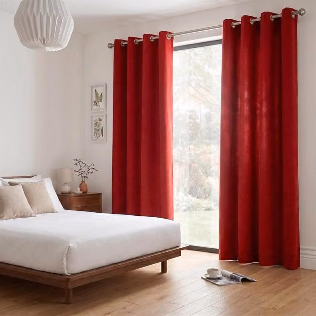 Livinluxury Red Velvet Chenille Eyelet Ring Top Curtains, Width: 137 cm