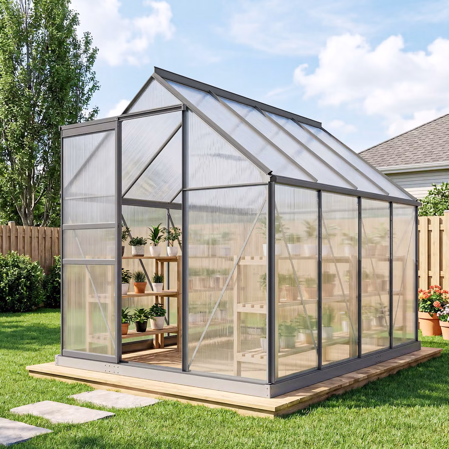 Outsunny Walk-In Polycarbonate Greenhouse with Sliding Window and Rain Gutter, Dark Grey, W: 190 cm, D: 253 cm, H: 199 cm – 2