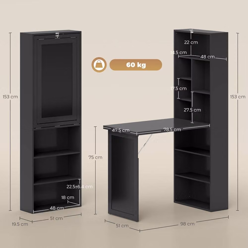 STILVORA Wall-Mounted Folding Desk with Storage and Blackboard in Black – 3
