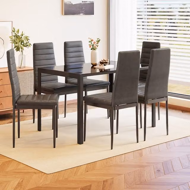 Livingandhome Modern Rectangular Black Tempered Glass Dining Table and 7 Chairs Set