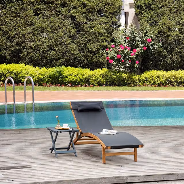 Outsunny Ergonomic Black Wooden Patio Lounge Chair with Adjustable Backrest and Armrests