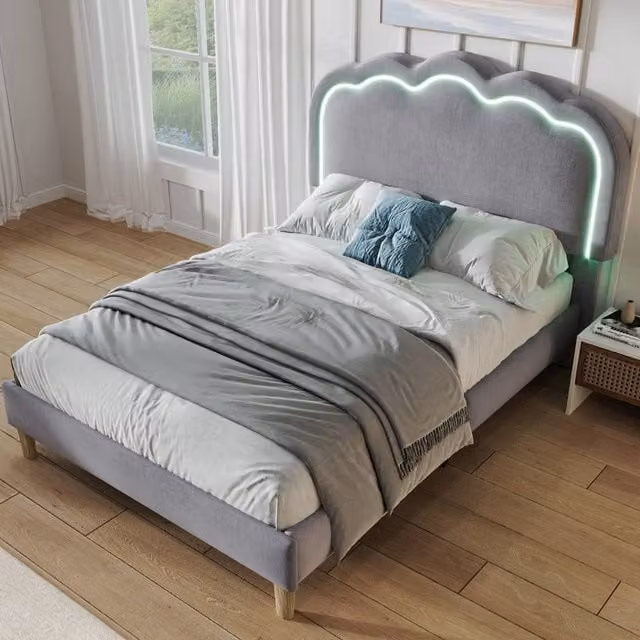 Merax 3FT Single Velvet Upholstered Bed with LED Adjustable Headboard and Integrated Reading Light in Grey, W/D/H: 90 x 190 cm