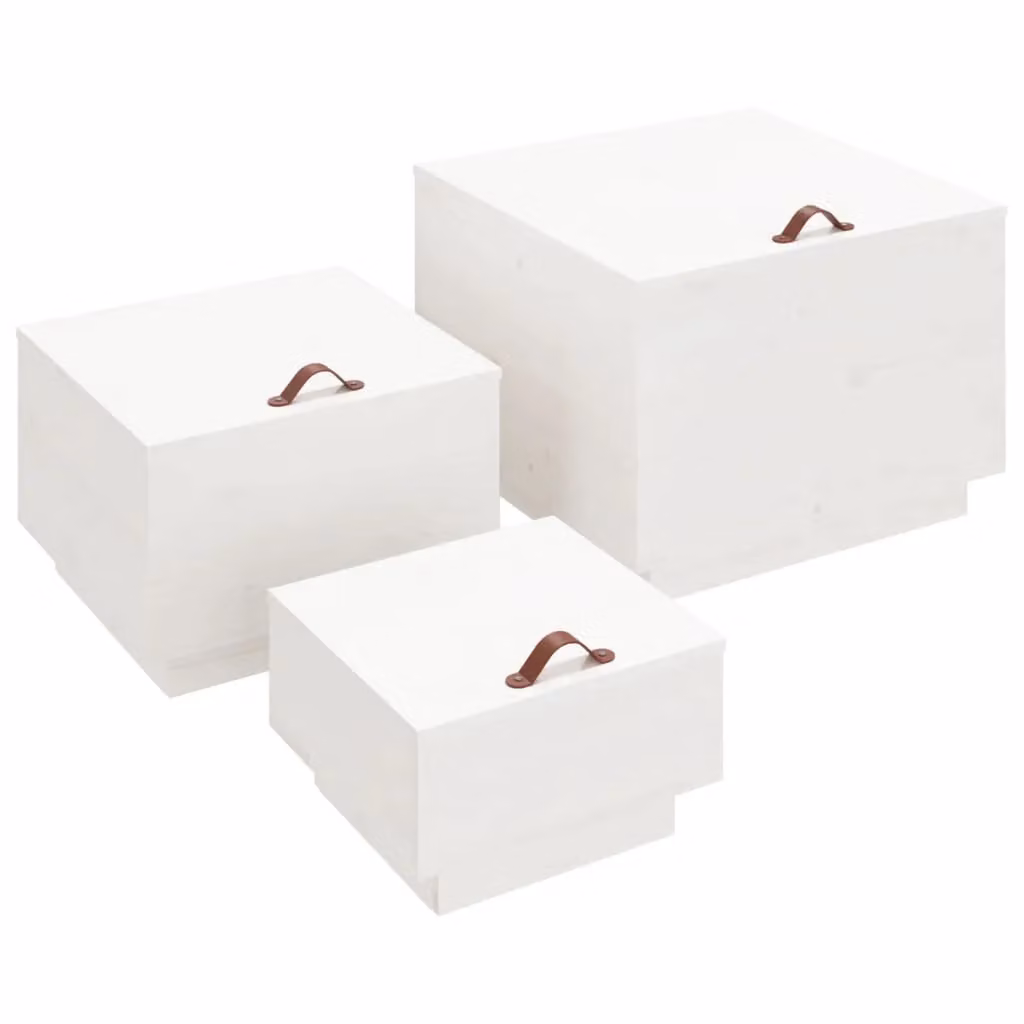 Berkfield Set of 3 White Solid Pine Wood Storage Boxes with Lids and Handles – 2