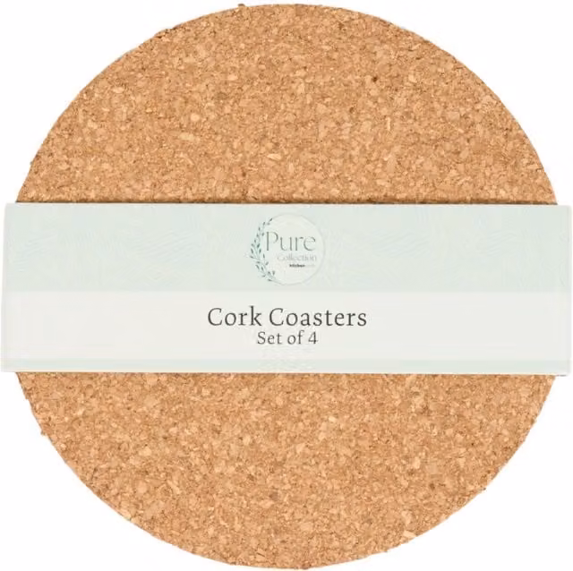Pure Collection Set of 4 Round Solid Cork Coasters, Brown