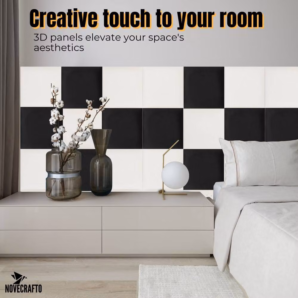 Novecrafto Set of 4 Soft Velvet Upholstered Wall Panels with Adhesive, White, W/D/H: 30 x 30 x 3 cm – 2