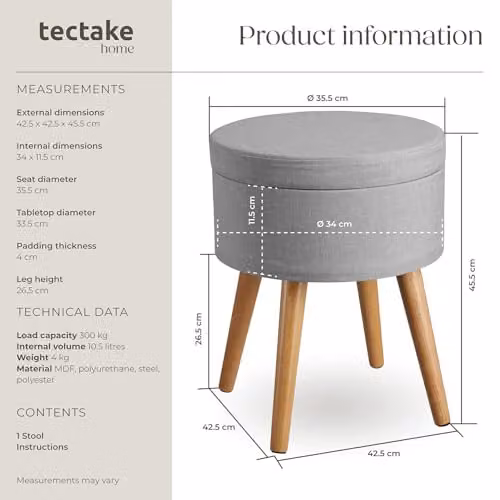 tectake Yara Round Storage Stool in Grey Fabric with Beech Legs, W/D/H: 45.5 x 42.5 x 42.5 cm – 3