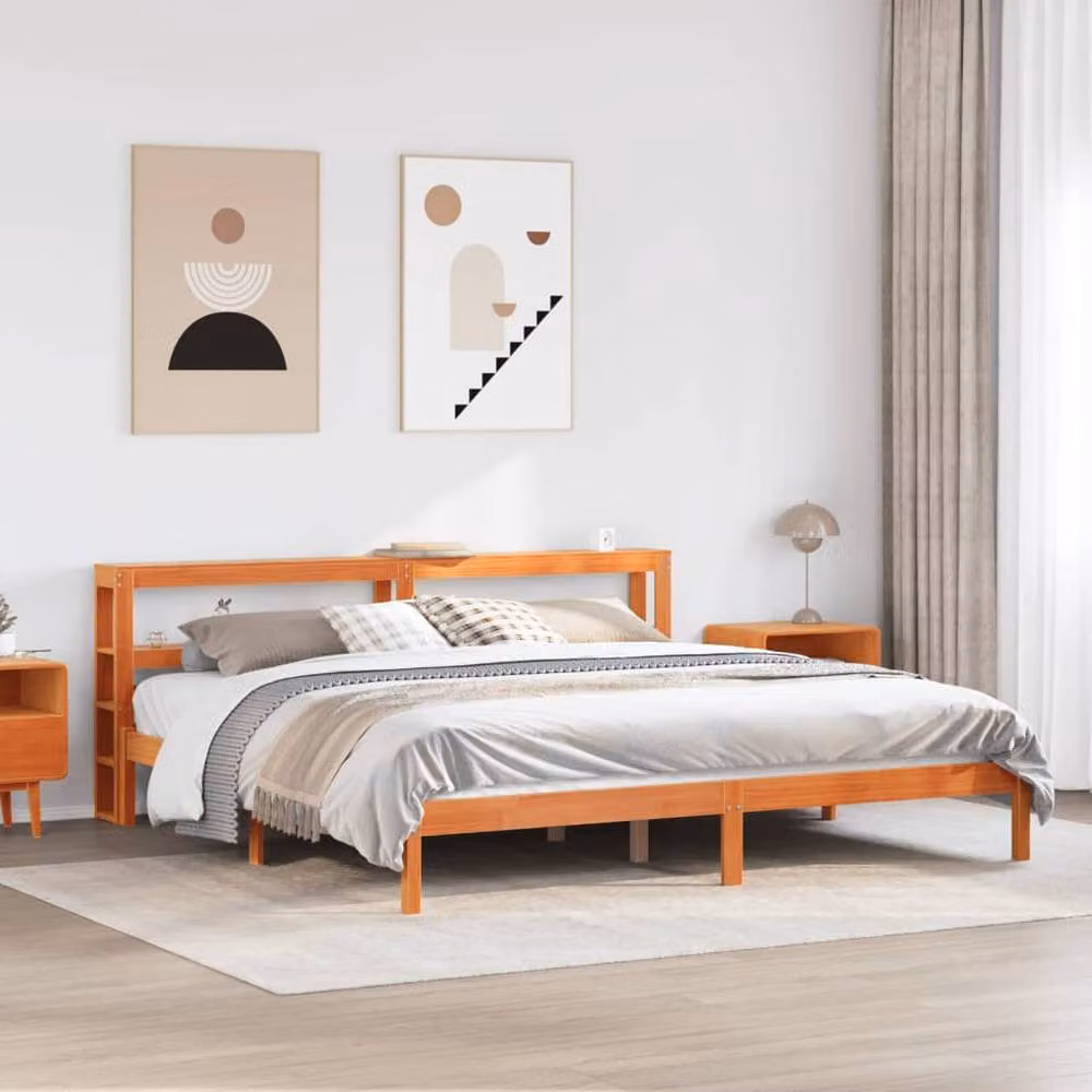 Berkfield Home Wax Brown Solid Pine Bed Frame with Headboard and Side Compartments, 200 x 200 cm – 2