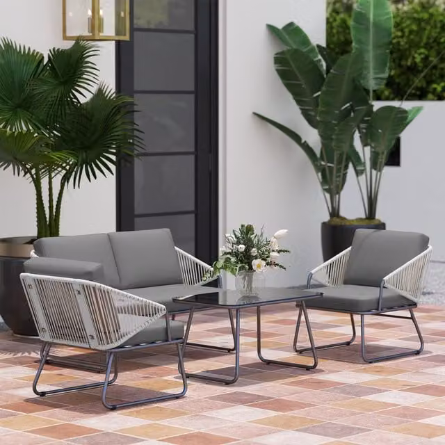 Outsunny Modern Rattan Garden Furniture Set with Cushions in Grey