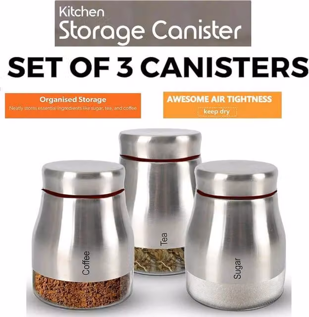 PAWNORA Set of 3 Silver Stainless Steel and Glass Kitchen Storage Canisters
