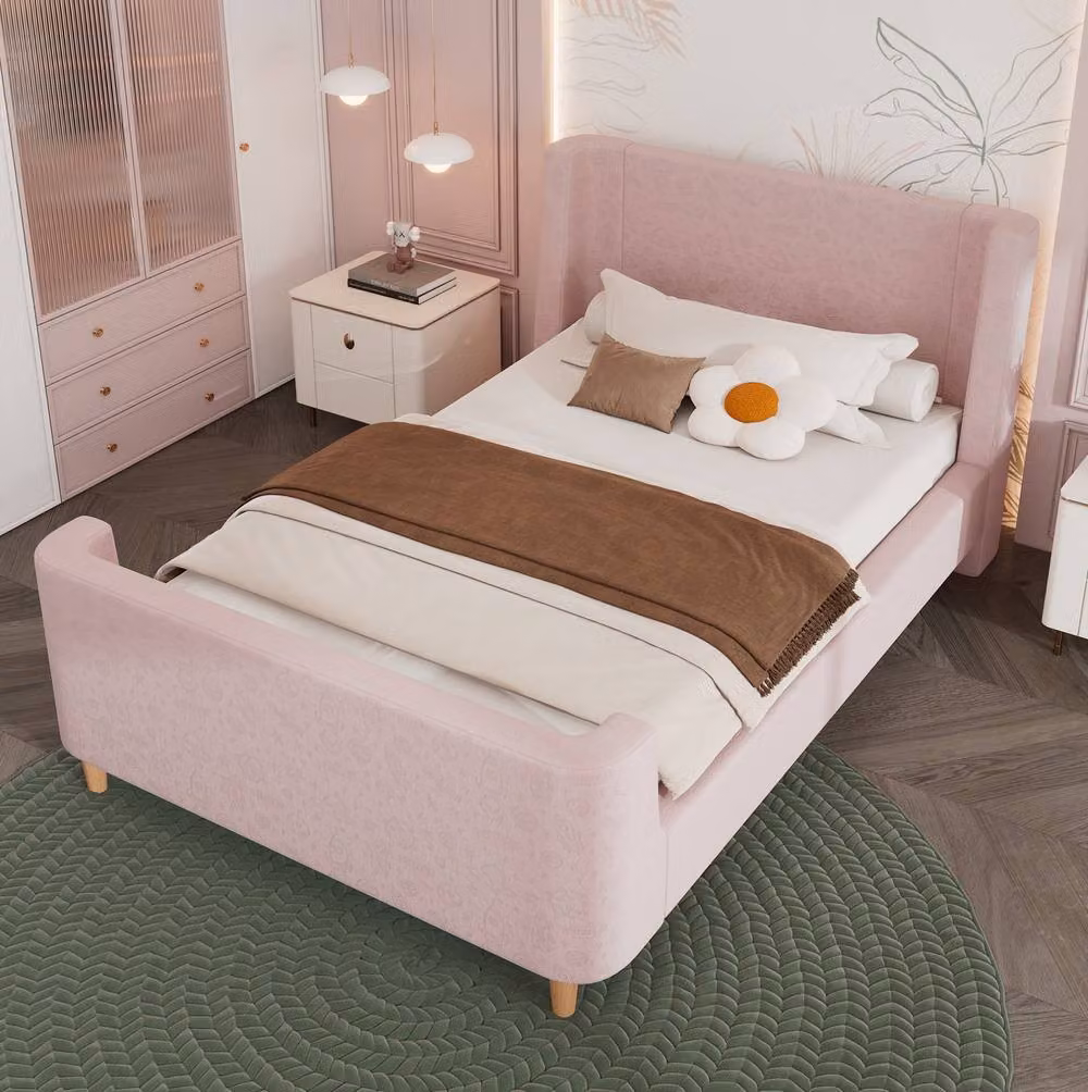 STILVORA Pink Velvet Upholstered Single Sleigh Bed, W/D/H: 90 x 190 x 76 cm – 2