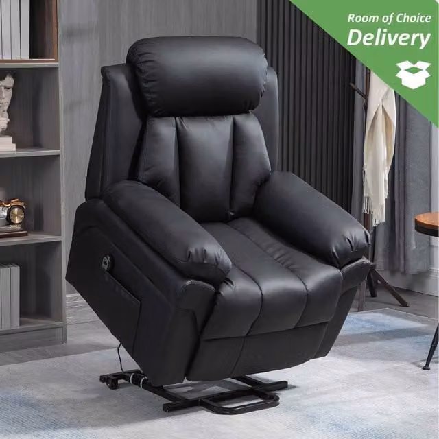 HOMCOM Black PU Leather Powered Lift Assist Recliner Sofa with Remote Control