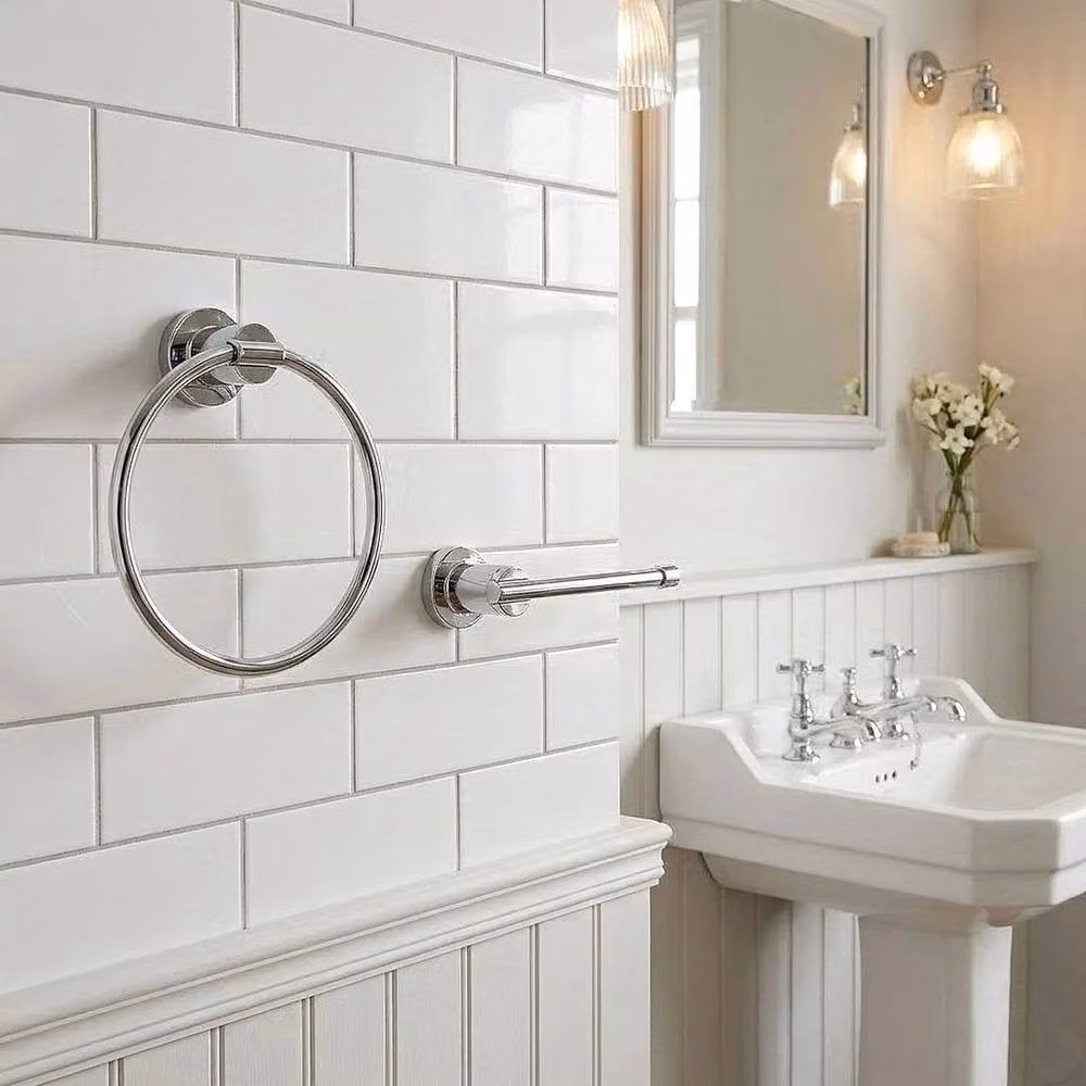 Hinsinc Silver Chrome Wall-Mounted Bathroom Towel Ring and Toilet Roll Holder Set