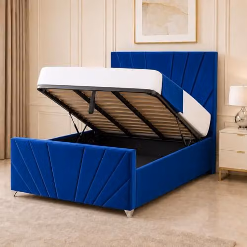 Living Comfort Bedz Sunrise Super King Gas Lift Bed in Blue Plush Velvet with Upholstered Headboard and Footboard, W: 200 cm, D: 180 cm, H: 127 cm
