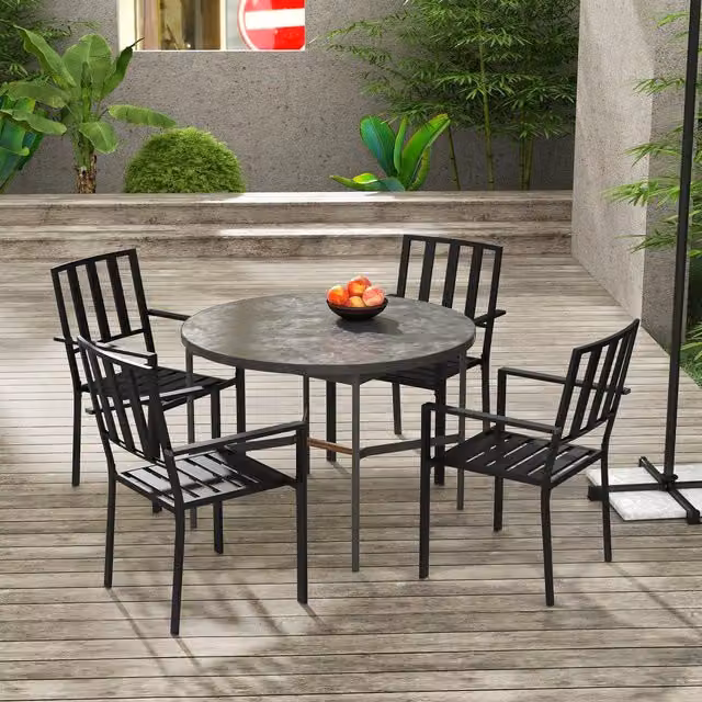 Outsunny Set of 4 Modern Metal Slatted Stackable Outdoor Garden Chairs in Matt Black