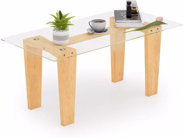 COSTWAY Modern Rectangular Cocktail Coffee Table with Brown Rubberwood Legs and Transparent Tempered Glass Top
