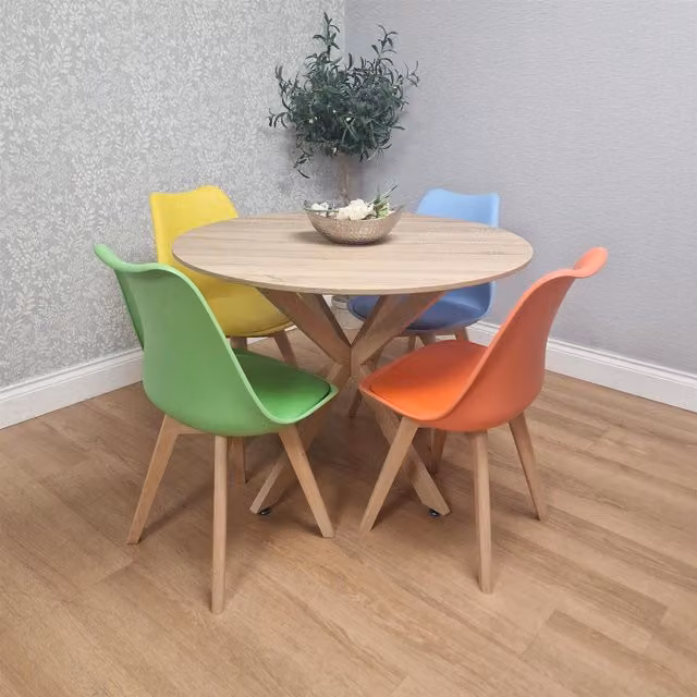 Kosy Koala Round Dining Table and 4 Multicolour Chairs Set with Brown Wood Effect Finish