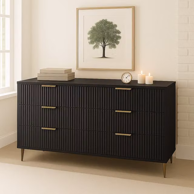 Home Treats Modern Ridged Bedroom Furniture Set in Black with White and Gold Accents, featuring a Wardrobe, Bedside Table, and 6-Drawer Chest (Width: 110 cm)