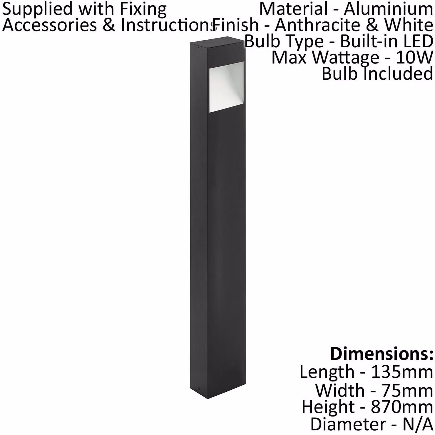 Loops Anthracite IP44 Outdoor Pedestal Light with 10W Built-in LED and Square Aluminium Design – 2