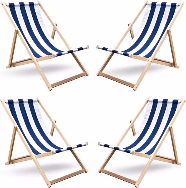 NOVECRAFTO Set of 4 Traditional Folding Wooden Deck Chairs in Maritime Blue with UV-Resistant Polyester Fabric