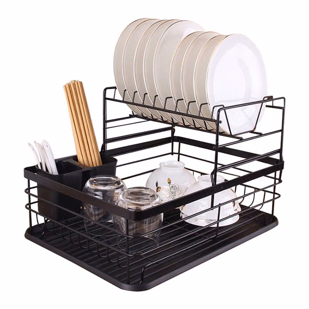 Garden Sanctuary 2-Tier Metal Kitchen Dish Drainer Rack with Drip Tray in Black – 2