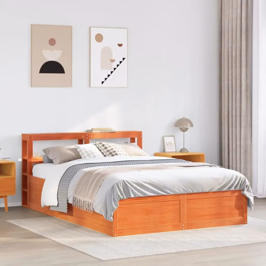 Berkfield Home Solid Wood Pine Bed Frame with Headboard and Side Compartments, Wax Brown, W/D/H: 160 x 200 cm – 3