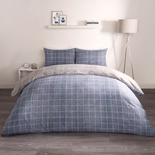 OHS Blue Checked Duvet Cover and Pillowcase Set, W: 140 cm, L: 200 cm