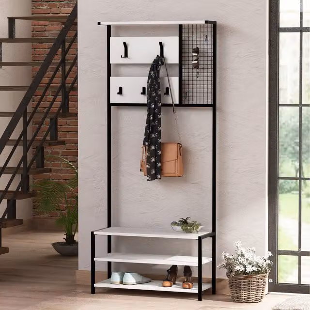 GFW Industrial White Metal Hall Tree with Bench and Distributed Point Hooks