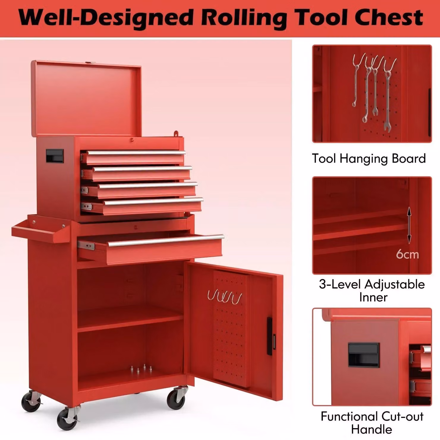 Costway 5-Drawer Rolling Tool Chest Metal Storage Cabinet with Lockable Wheels in Red – 5