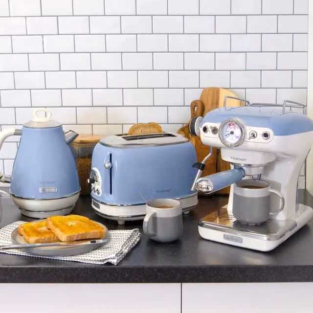 Ariete Vintage Blue Kettle, 2 Slice Toaster and Espresso Machine Set