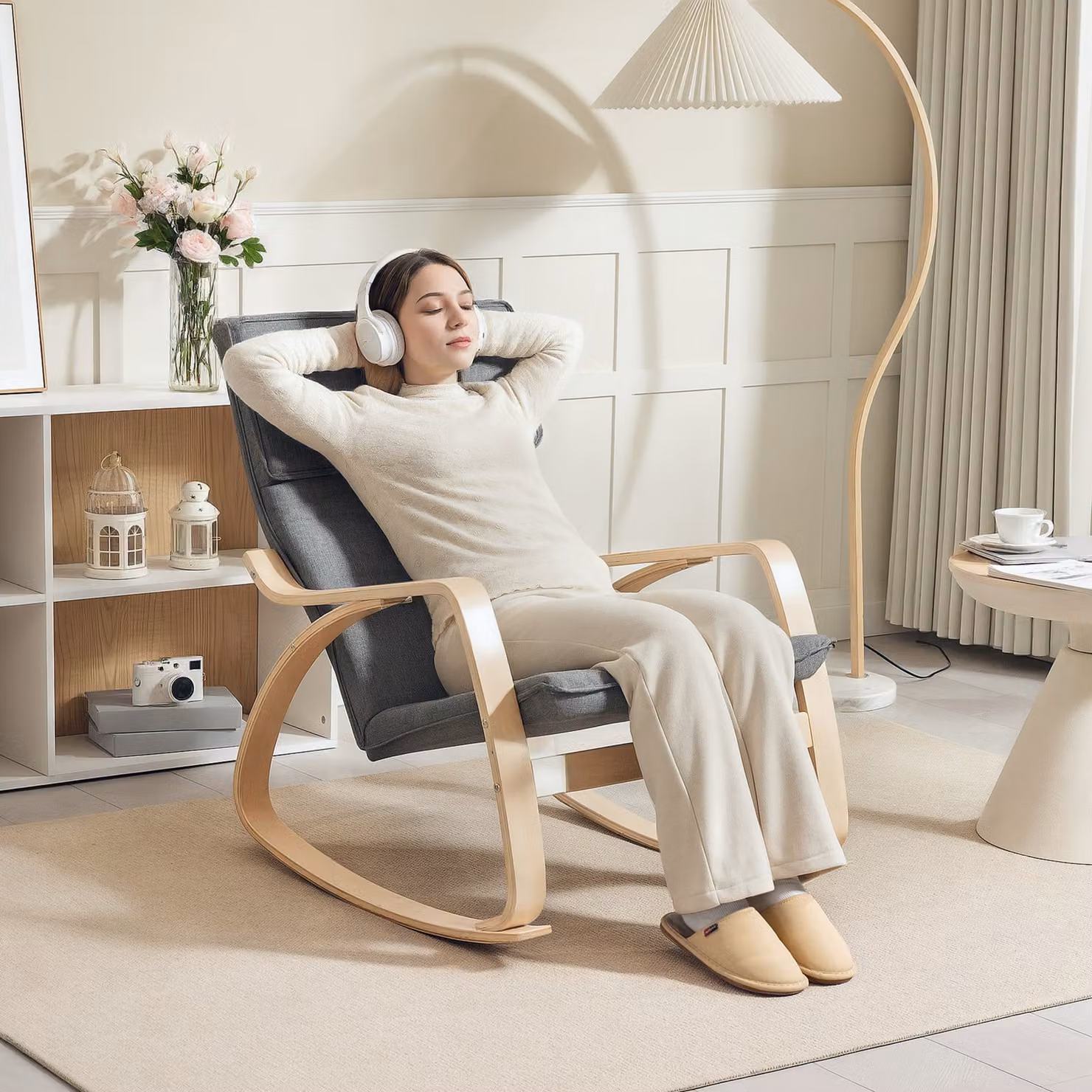 HOMCOM Grey Upholstered Rocking Chair with High Back, Headrest and Armrests – 2