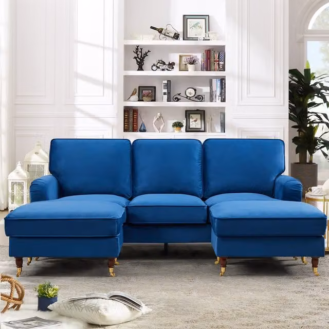 Artemis Home Woodbury U-Shaped Velvet Fabric Corner Sofa with Matching Ottoman, Blue, Width: 218 cm