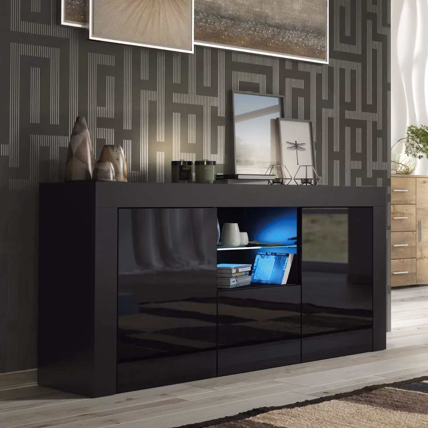 Mex Furniture LTD Modern Black Gloss Sideboard with Integrated LED Lighting, Width: 145 cm – 4