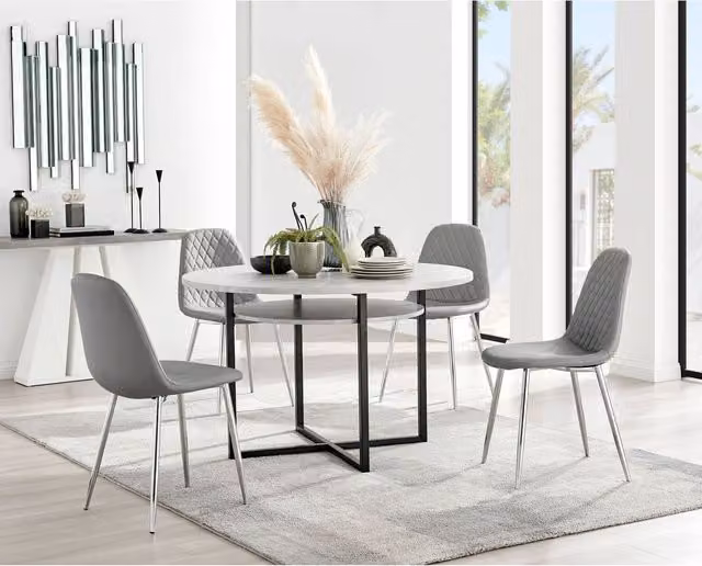 FurnitureboxUK Adley Round Grey Concrete Effect Dining Table and 4 Corona Silver Chairs – 1