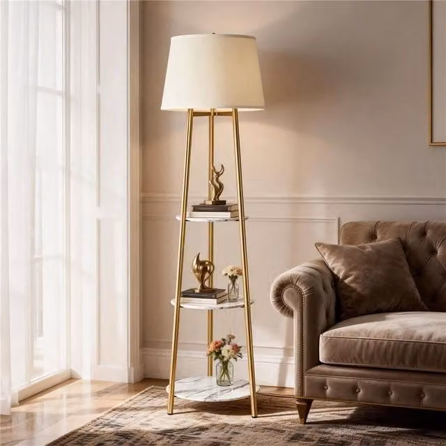Kelvenix Tripod Floor Lamp in Gold/Brass with White Fabric Shade