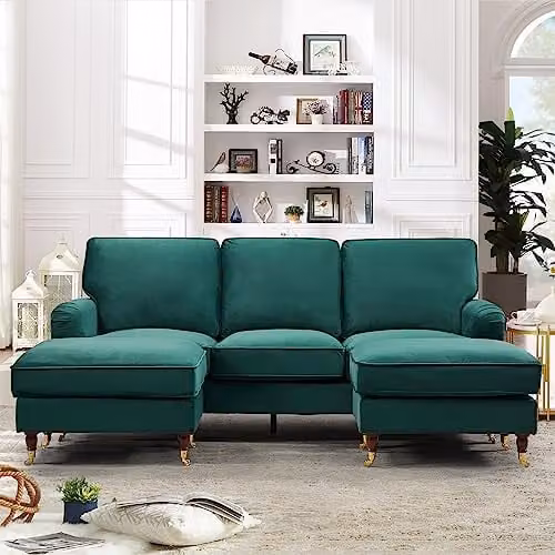Artemis Home Woodbury U-Shaped Green Velvet Fabric Corner Sofa with Matching Ottoman, Width: 218 cm