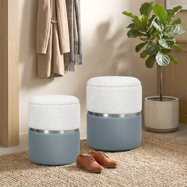 HOMCOM Set of 2 Round Storage Ottomans in Grey and Silver, Cylindrical Upholstered Footstools with Removable Covers, W/D/H: 45 x 45 x 36 cm and 45 x 45 x 6 cm