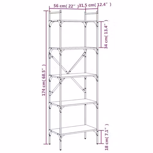 vidaXL 5-Tier Industrial Bookcase in Grey, W: 56 cm, D: 31.5 cm, H: 174 cm – 2