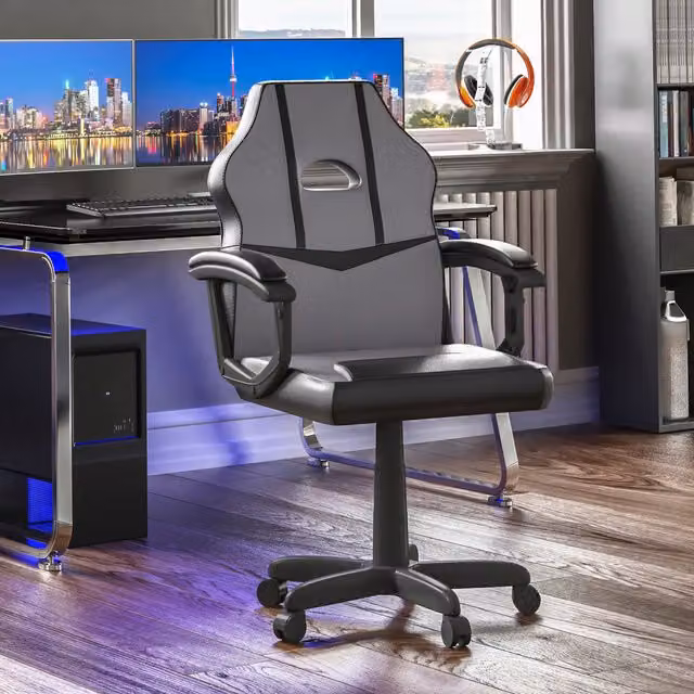 Vida Designs Modern Grey and Yellow Synthetic Leather Swivel Gaming Chair with Armrests and Castors
