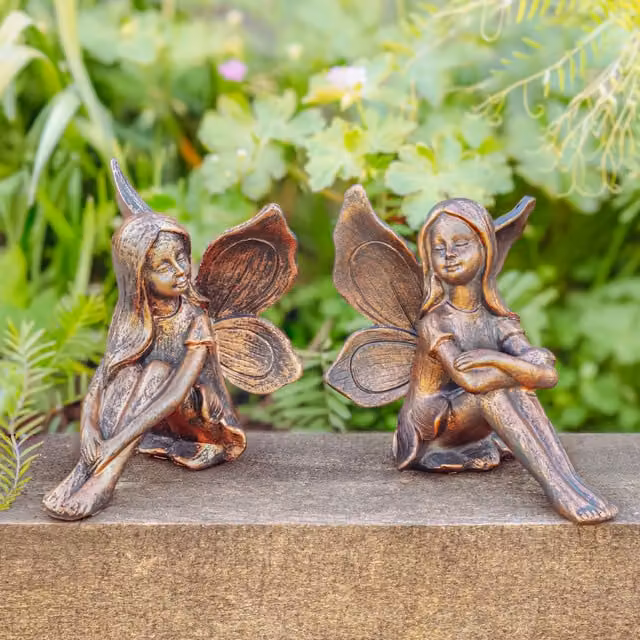 Garden Mile Set of 2 Vintage Bronze Effect Garden Fairy Tabletop Ornaments in Brown