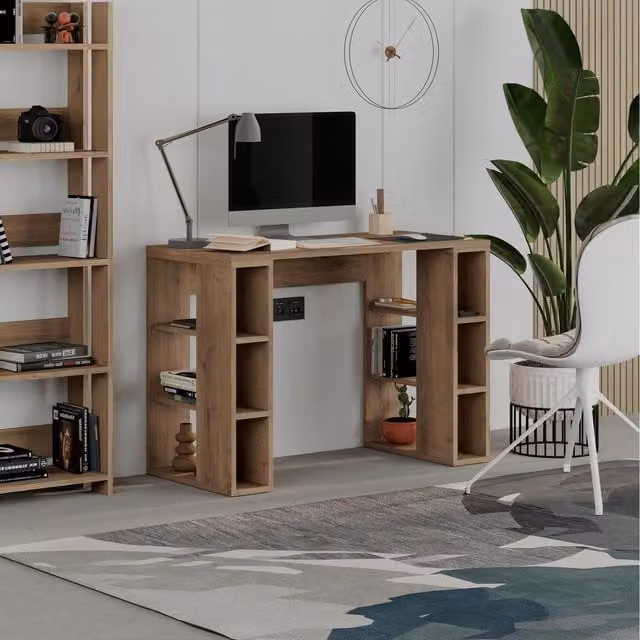 Decortie Colmar Writing Desk with 3 Open Shelves, Dark Oak Effect, W: 106 cm, H: 75 cm, D: 50 cm
