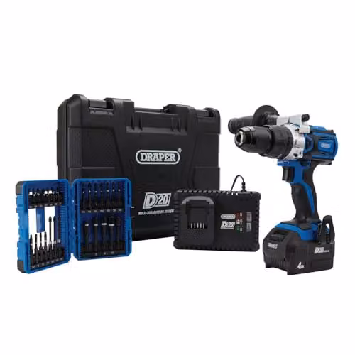 Draper D20 20V Brushless Combi Drill Kit with Expert Impact Screwdriver Bit in Blue and Black