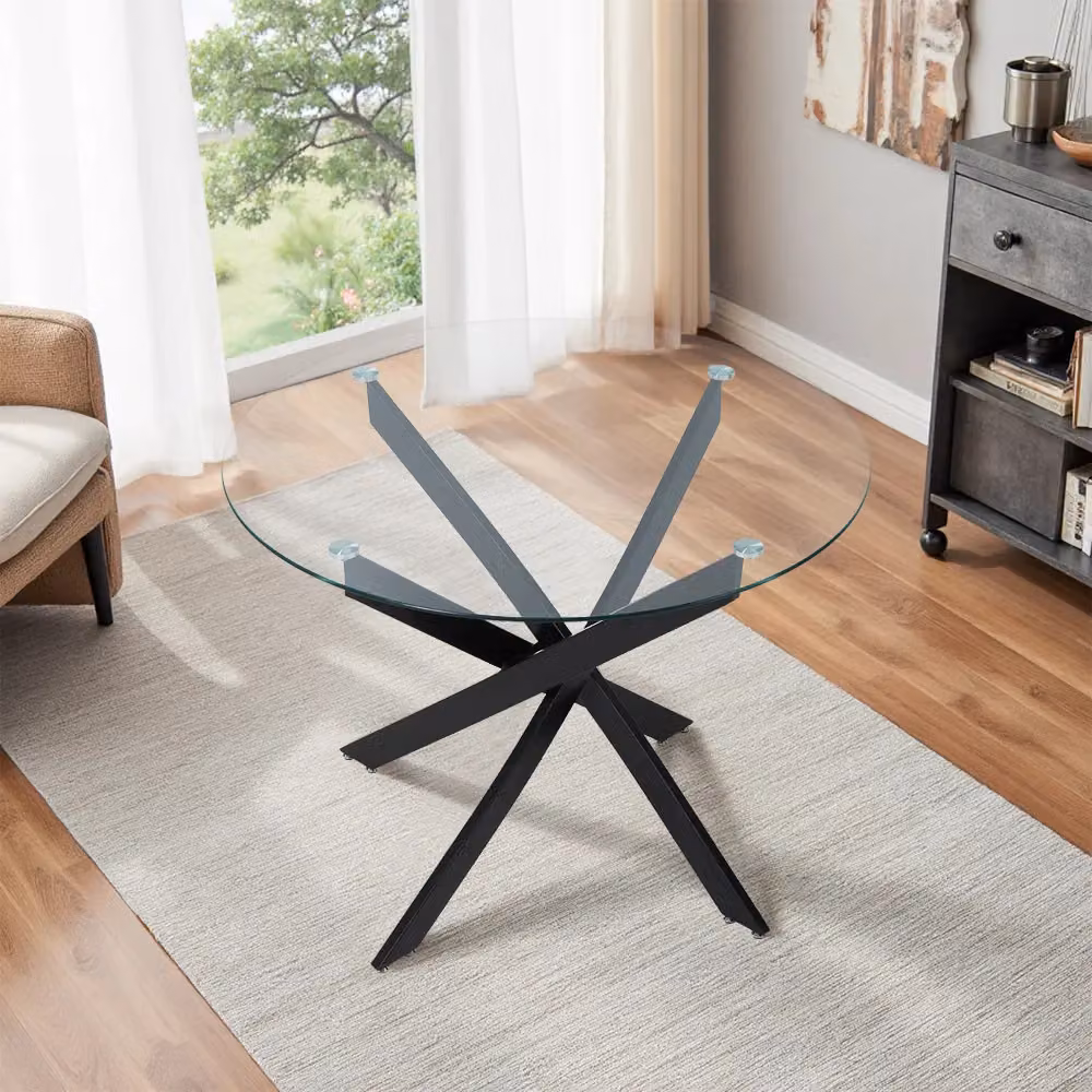 Living and Home Round Glass Dining Table with Black Metal Legs – 2