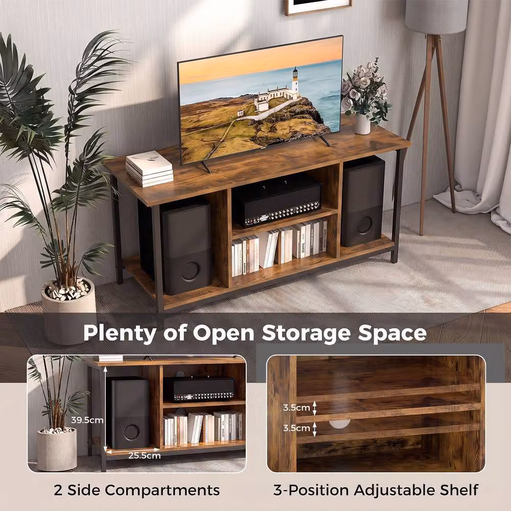 Gymax Brown 3-Tier Industrial Wood TV Stand with Power Outlet and Type-C Port – 5