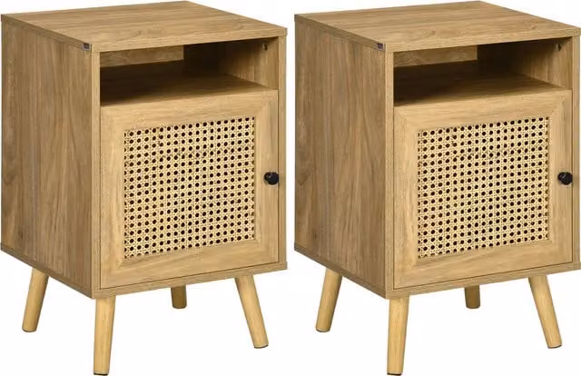 HOMCOM Set of 2 Bedside Tables with Rattan Element and Cupboard in Beige, W/D/H: 39 x 35 x 60 cm