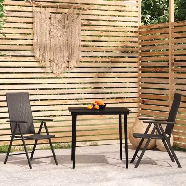 Berkfield Home 3 Piece Modern Garden Dining Set in Black Metal and Rattan with Glass Top – 1
