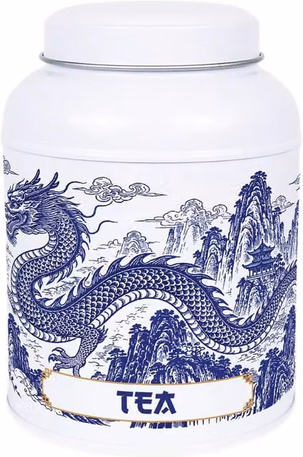 Purely Home Dragon Temple Coffee Canister with Domed Lid, Blue and White Metal Kitchen Storage Tin
