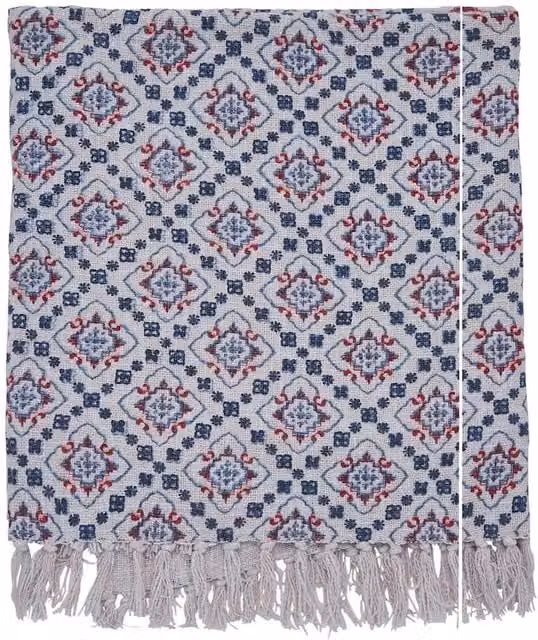 Joules Country Tiles Blue Mix Geometric Pure Cotton Throw with Fringes