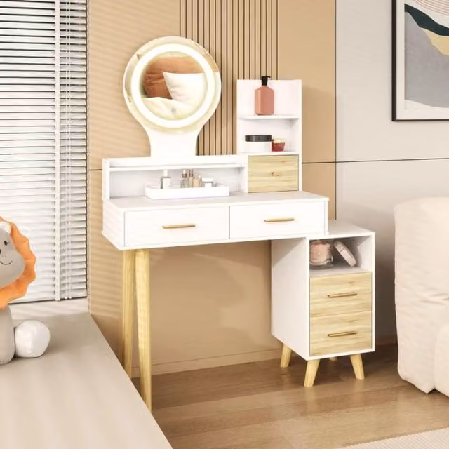 Belinda Dressing Table in White and Gold with Hollywood LED Lighting